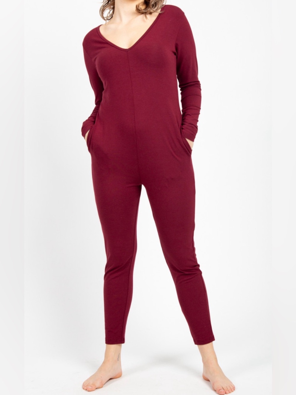 Smash + Tess Friday Romper V Neck LongSleeve Bold Burgundy Size S Rayon+Cotton